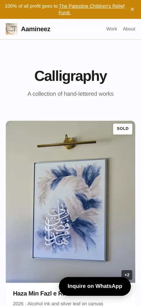 The aamineez.art gallery and Inquire on WhatsApp button on a phone