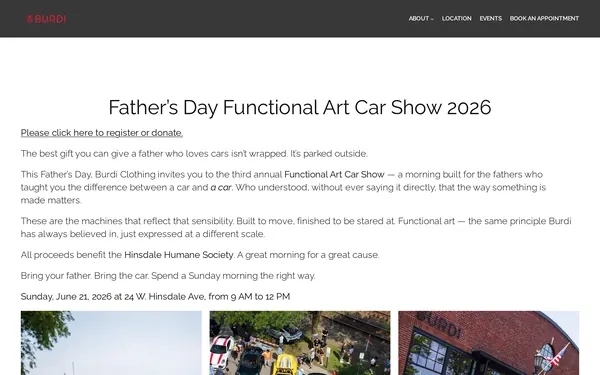 Burdi Clothing's Father's Day Functional Art Car Show 2026 event page on a desktop screen